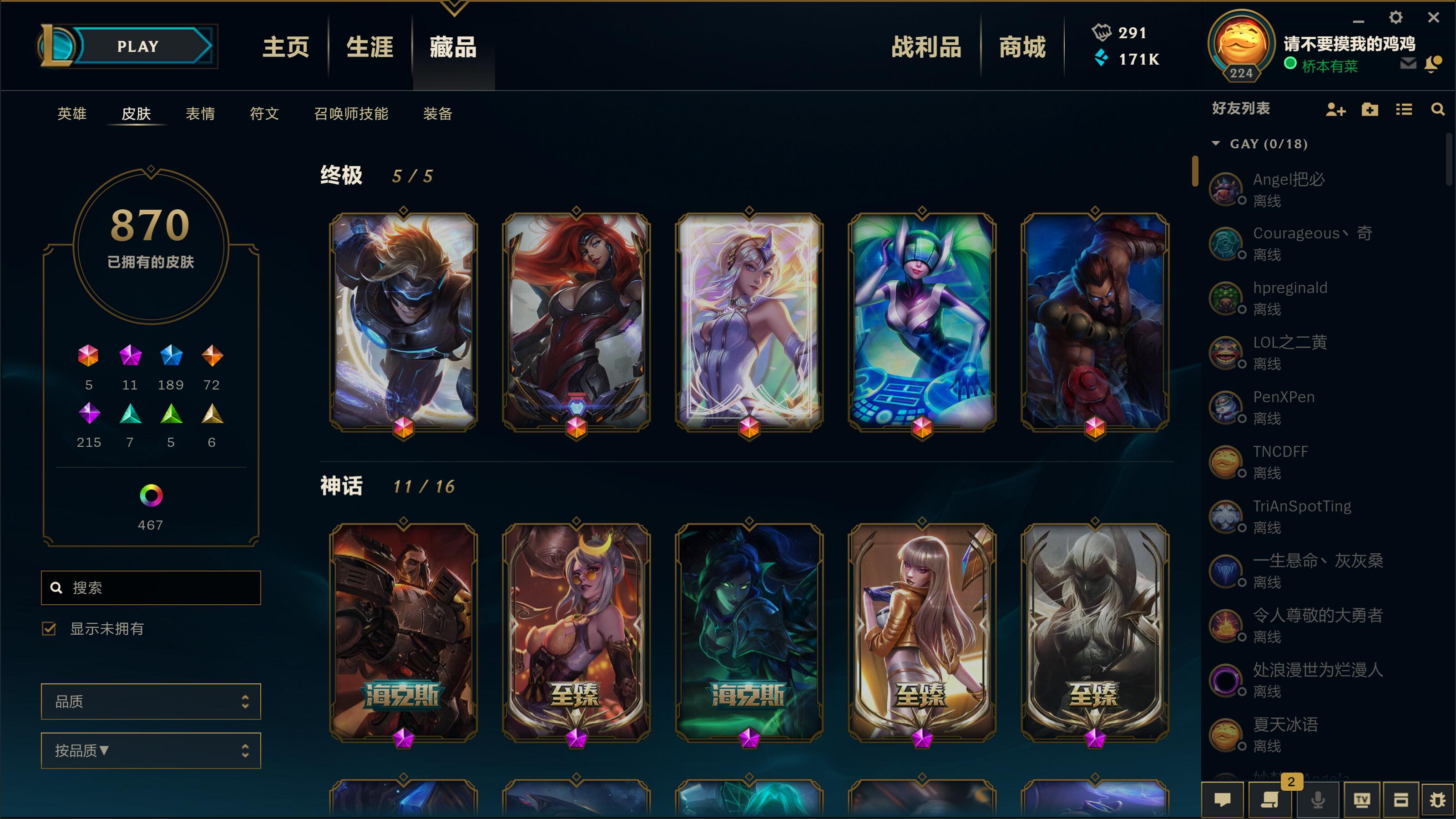 全英雄 900皮肤 极品账号 全至臻 全年限 炫彩497